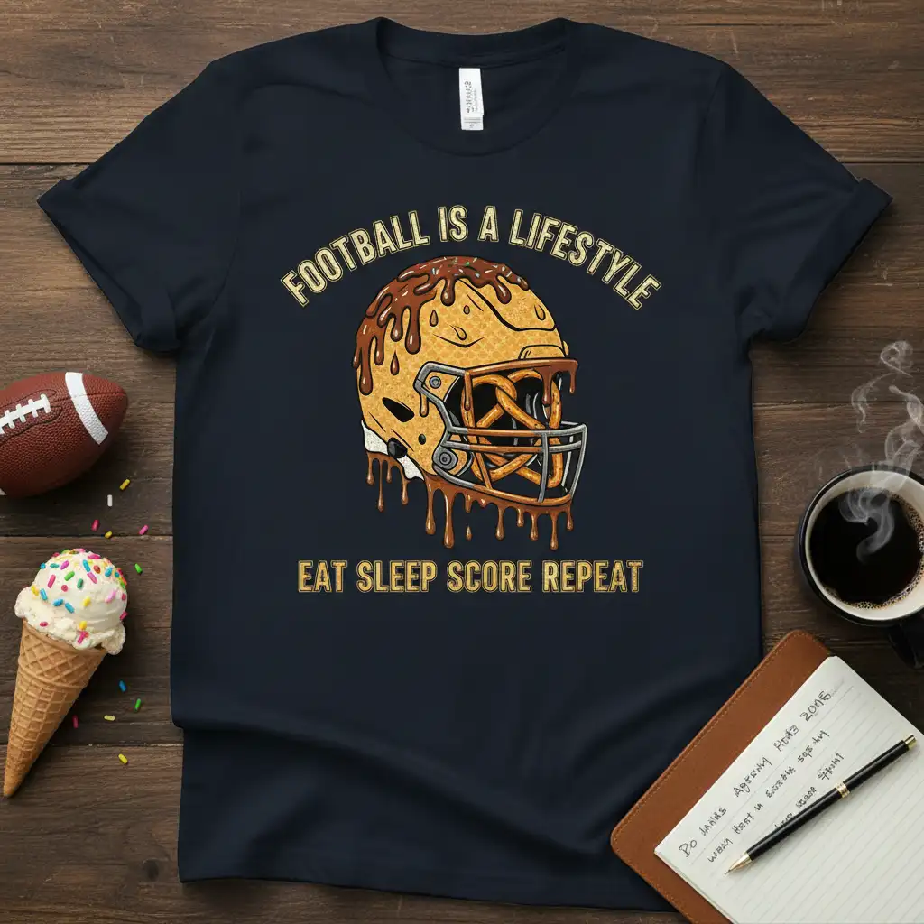 Football is a lifestyle eat sleep score repeat text and chocolate-covered helmet graphic on a navy t-shirt