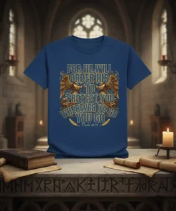 Christian t-shirt with golden text 'For He Will Order His To Protect You Wherever Yo Go You Go' and Psalm