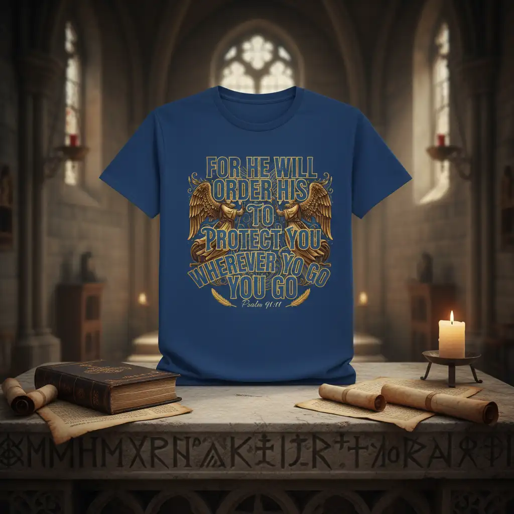 Christian apparel featuring Psalm 91:11 quote 'For He Will Order His To Protect You Wherever Yo Go You Go' with golden angelic