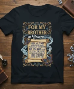 T-shirt design with text "For My Brother in Heaven" quote and butterflies, honoring a lost sibling