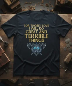 FOR THOSE I LOVE I WILL DO GREAT AND TERRIBLE THINGS text with a fierce wolf and crossed axes graphic