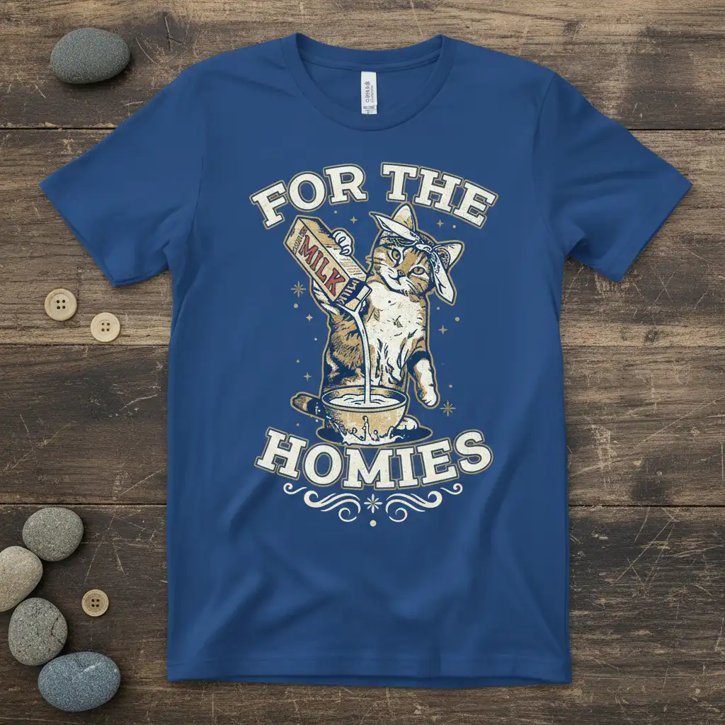 For The Homies funny cat graphic t-shirt design pouring milk into cereal bowl