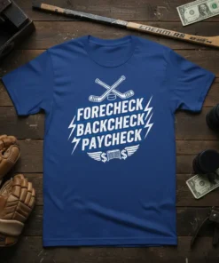 Forecheck Backcheck Paycheck hockey t-shirt with crossed sticks and hockey net graphic