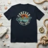 Forever Gulf of Mexico Est 1672 vintage circular design with palm trees and sunset graphic on a navy t-shirt