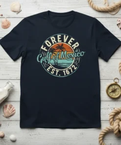 Forever Gulf of Mexico Est 1672 vintage circular design with palm trees and sunset graphic on a navy t-shirt