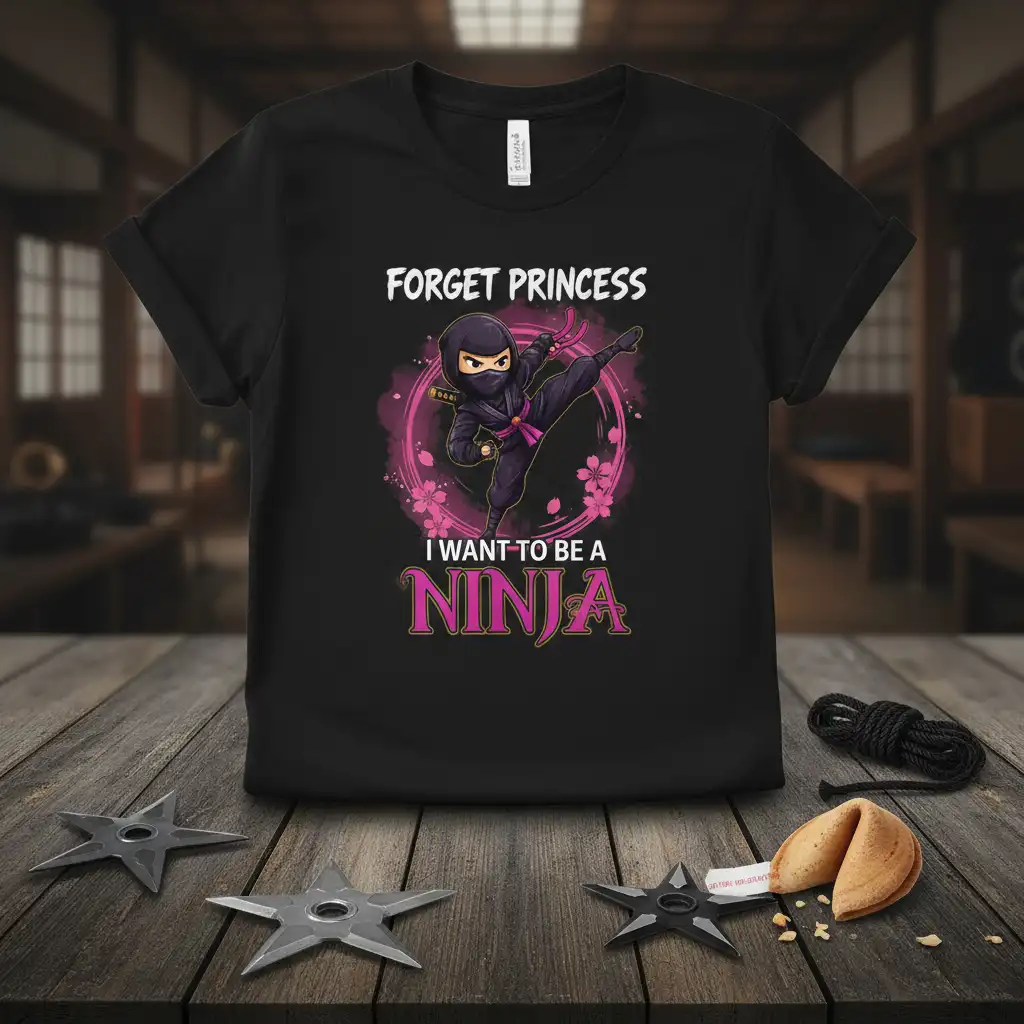 Forget Princess I Want To Be A Ninja quote with a dynamic cartoon ninja girl kicking, set against a pink floral background