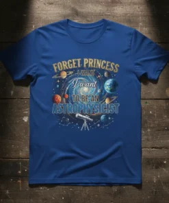 Forget Princess I Want To Be An Astrophysicist text with galaxy and planets graphic on a blue t-shirt