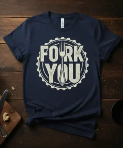 FORK YOU sarcastic humor t-shirt with a fork graphic inside a gear emblem