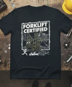 Forklift Certified t-shirt with cartoon illustration of a forklift carrying people and falling figures