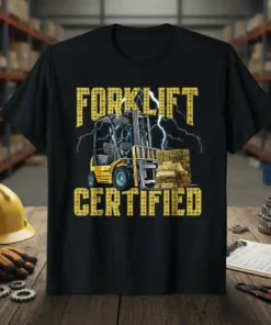 Forklift Certified T-Shirt with a yellow forklift lifting gold bars, lightning background, and bold yellow text