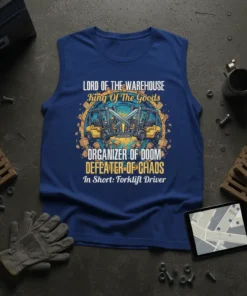 Forklift driver t-shirt with text "Lord Of The Warehouse King Of The Goods Organizer Of Doom Defeater Of Chaos In
