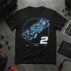 Formula 1 blueprint design t-shirt featuring a race car schematic with 'REAR FRONT TOP' labels and the number 2