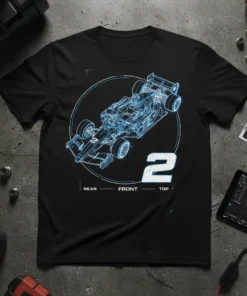 Formula 1 blueprint design t-shirt featuring a race car schematic with 'REAR FRONT TOP' labels and the number 2