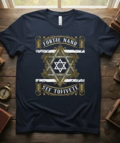 Navy t-shirt with "Forthe Nand Sef Tofivete" text and a detailed Star of David graphic