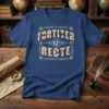 Vintage t-shirt design featuring the Latin motto "Fortiter Et Recte" within an ornate emblem, printed in distressed text