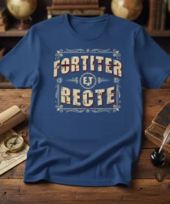 Vintage t-shirt design featuring the Latin motto "Fortiter Et Recte" within an ornate emblem, printed in distressed text