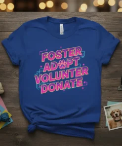 Foster Adopt Volunteer Donate text with paw print graphic on a royal blue t-shirt, promoting animal rescue efforts