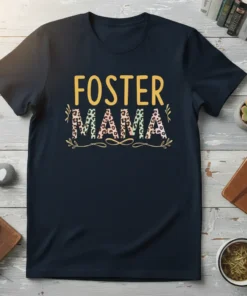 Foster Mama text with leopard print on a dark t-shirt, designed for foster parents