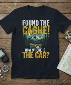 Found The Cache! Now Where Is The Car? geocaching t-shirt with mountain landscape graphic