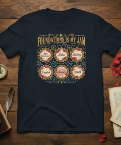 Foundations Is My Jam t-shirt with text listing New Grammar's, Latin, History, English, Science, and Math in circular gears