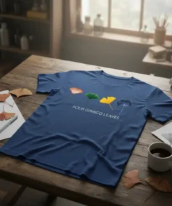 Four Ginkgo Leaves text on a navy t-shirt with four colorful ginkgo leaf illustrations above it