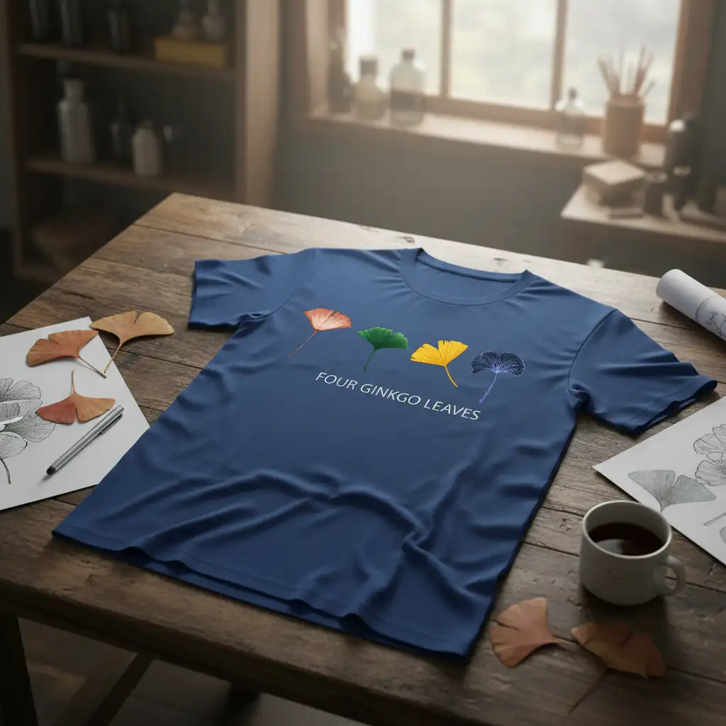 Four Ginkgo Leaves text and colorful illustrations on a navy blue t-shirt, showcasing botanical art