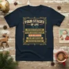 T-shirt with "Four Stages of Life" design listing beliefs about Santa Claus, featuring vintage typography and decorative borders