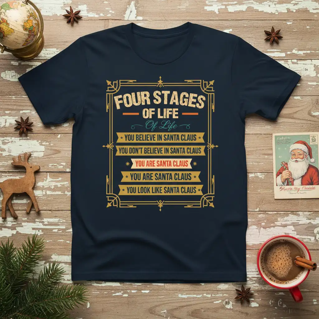 Four Stages of Life humorous quote t-shirt with vintage typography detailing beliefs about Santa Claus