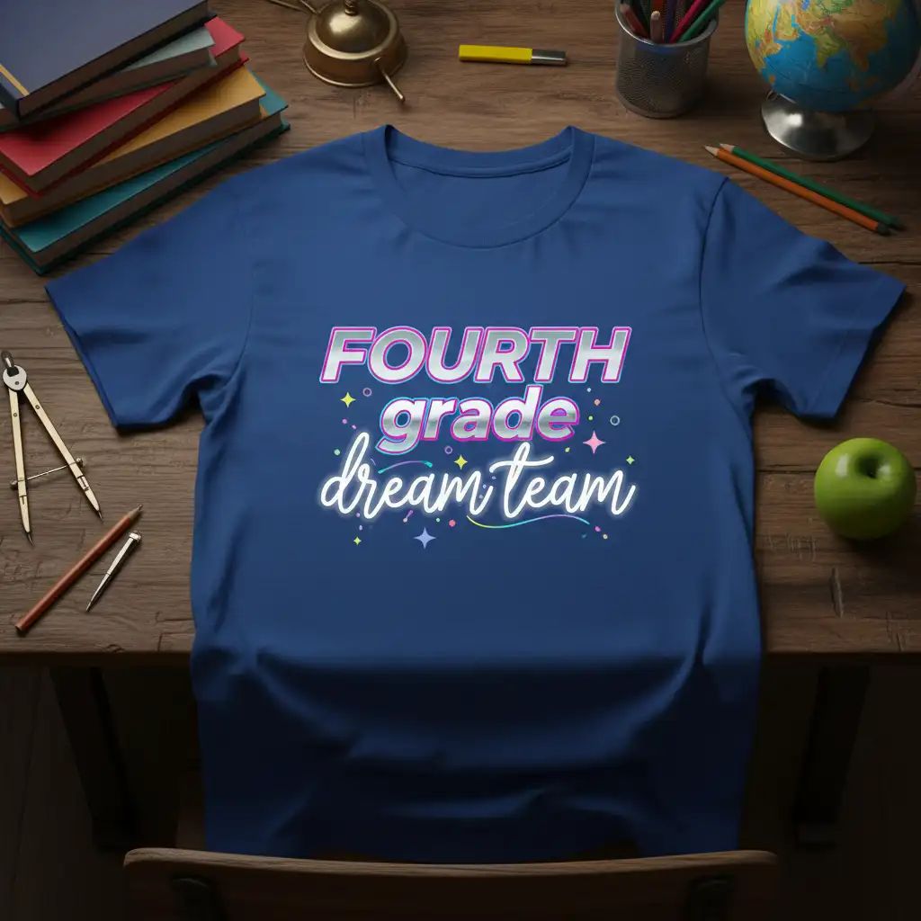 Fourth Grade Dream Team text design with playful typography and starry accents on a comfortable t-shirt