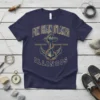 Navy t-shirt featuring "Fox Chain O'Lakes Unsalted Shark Free Illinois" text with an anchor graphic