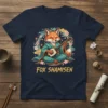 T-shirt with a cute illustration of a fox playing a shamisen with flowers and clouds, saying FOX SHAMISEN