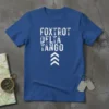 Foxtrot Delta Tango phonetic alphabet text design on a royal blue t-shirt