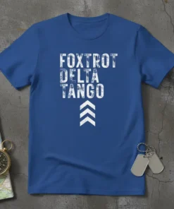 Foxtrot Delta Tango phonetic alphabet text design on a royal blue t-shirt