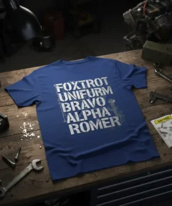 Foxtrot Uniform Bravo Alpha Romer phonetic alphabet text design on a blue t-shirt, military code theme