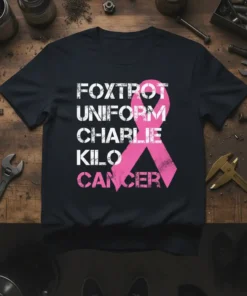 Foxtrot Uniform Charlie Kilo Cancer awareness t-shirt with pink ribbon graphic