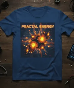Fractal Energy t-shirt with a detailed abstract digital art design featuring glowing orange fractal patterns and circuitry