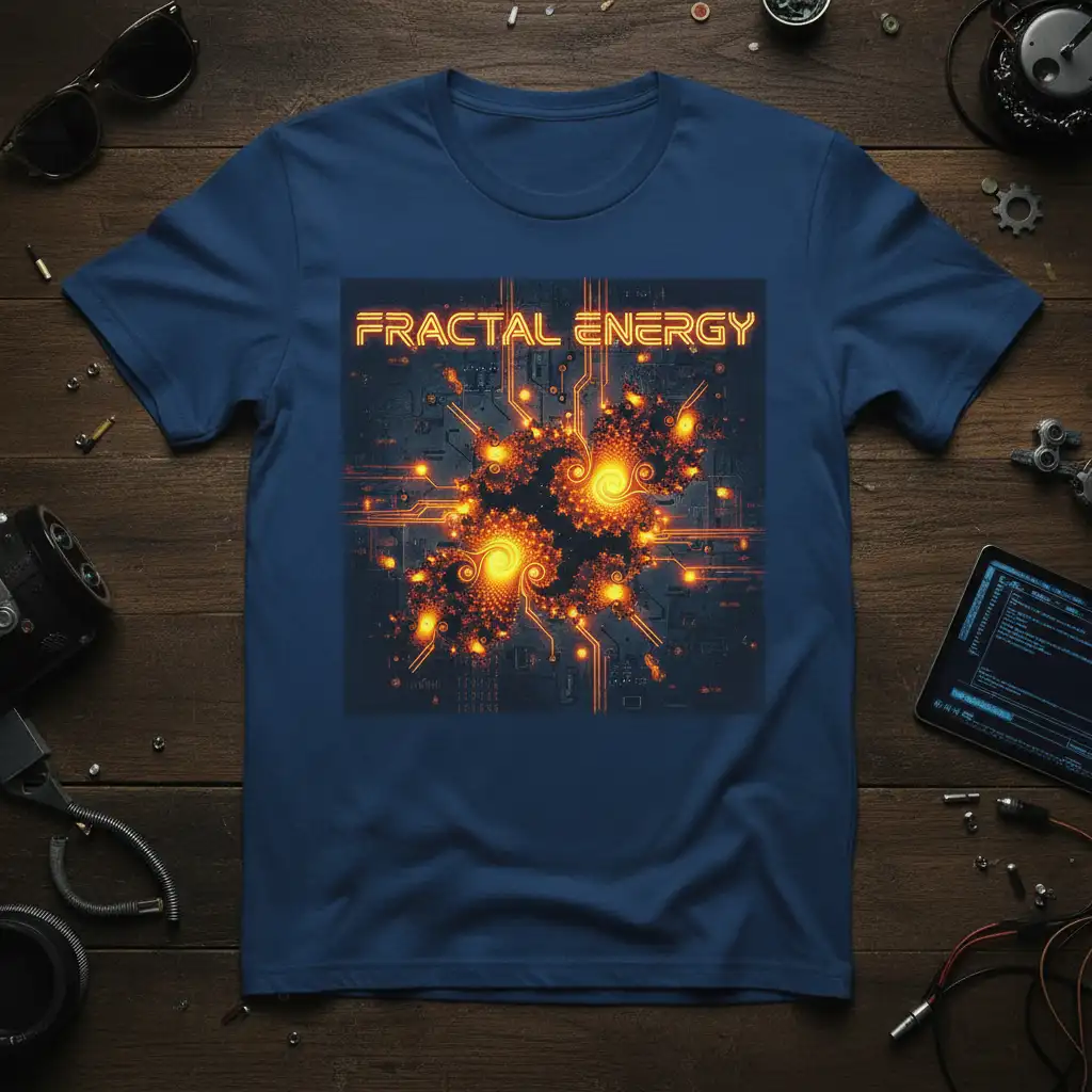 Fractal Energy abstract design with glowing orange fractal spirals and digital circuit board patterns on a t-shirt