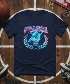 France basketball graphic tee with neon blue basketball and hoop design, surrounded by laurel leaves