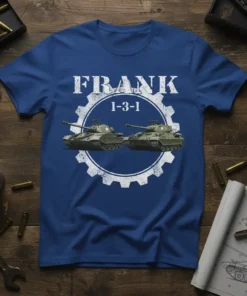 Blue t-shirt featuring the text "FRANK 1-3-1" above two military tanks inside a gear graphic