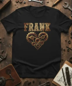 Black t-shirt with "FRANK" in textured gold font above a steampunk heart made of gears and cogs