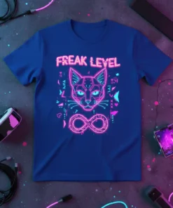Freak Level neon cat graphic tee with geometric design and infinity symbol, vibrant pink and blue colors