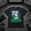 Freak in the Sheets t-shirt design with Excel icon and binary code graphics
