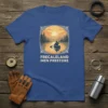 Frecale Land Inen Prestore text on a blue t-shirt featuring a silhouette of a person kayaking at sunset with a