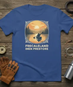 Frecale Land Inen Prestore text on a blue t-shirt featuring a silhouette of a person kayaking at sunset with a