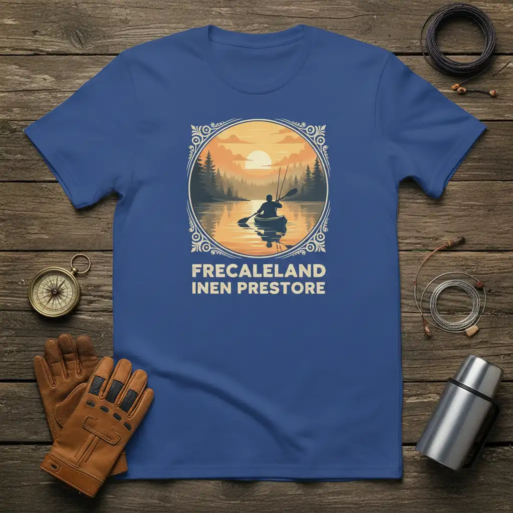 FRECALE LAND INEN PRESTORE quote on a t-shirt with a sunset kayaking graphic