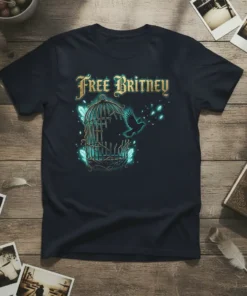 Free Britney quote t-shirt with a bird flying out of a cage graphic and glowing crystals
