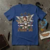 T-shirt design featuring a winged angel holding a hot dog, with the text FREE DC below, stars and flowers accenting