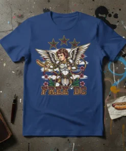 T-shirt design featuring a winged angel holding a hot dog, with the text FREE DC below, stars and flowers accenting
