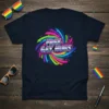 Free Gay Hugs text design with rainbow swirl on a navy blue t-shirt