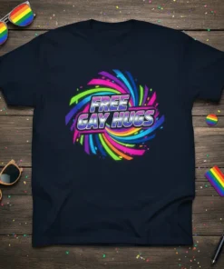 Free Gay Hugs text design with rainbow swirl on a navy blue t-shirt